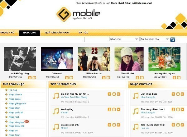 Cách tải nhạc chờ Gmobile qua website dịch vụ