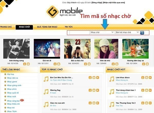Tìm mã số bài hát nhạc chờ Gmobile qua website dịch vụ