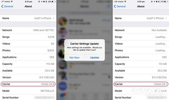 Thông số Viettel 24.1 cho thấy đã kết nối 4G Viettel iPhone thành công
