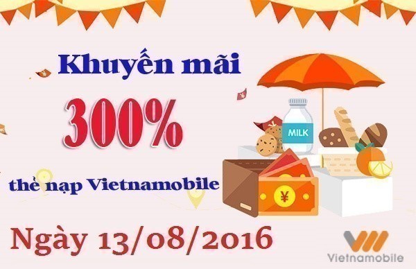 Vietnamobile khuyến mãi nạp thẻ 300% cho TB nhận tin nhắn ngày 13/08