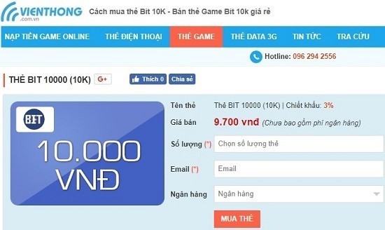 Giao diện mua thẻ BIT online trên Vienthong