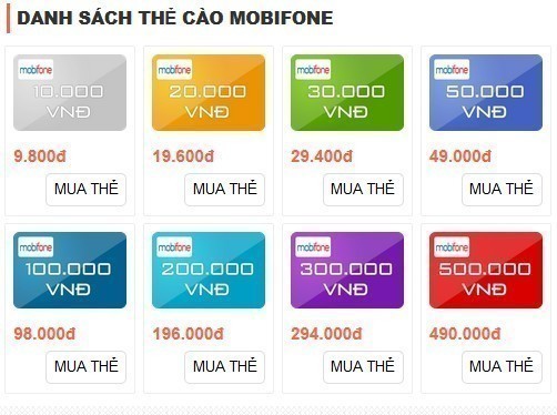 Danh sách các mệnh giá thẻ nạp Mobifone hiện nay