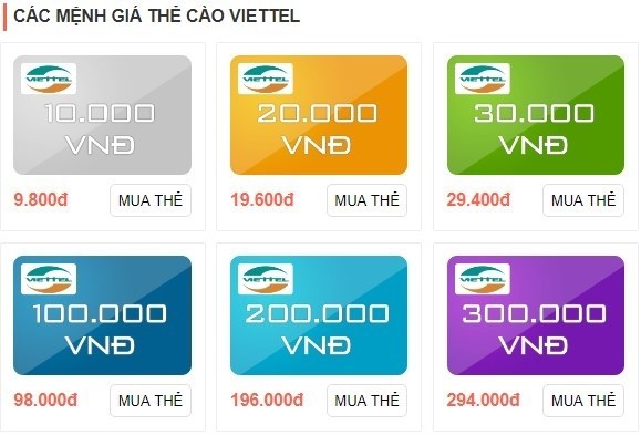 Chọn mệnh giá thẻ Viettel nạp vào game Liên Quân Mobile