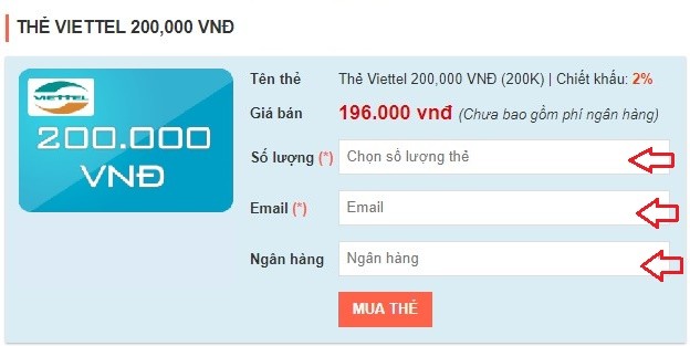 Điền đầy đủ thông tin khi mua thẻ Viettel bằng Vietinbank