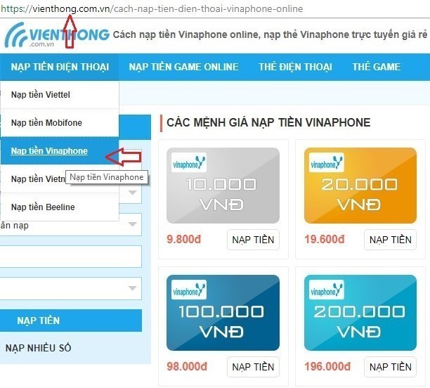 Chọn danh mục Nạp tiền Vinaphone bằng thẻ ATM