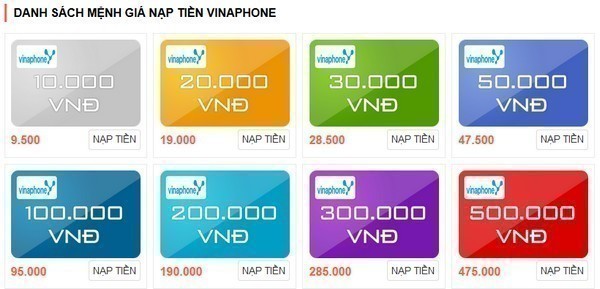 Các mệnh giá card Vinaphone online