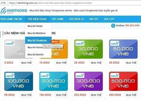 Truy cập địa chỉ vienthong.com.vn để mua thẻ Vinaphone online