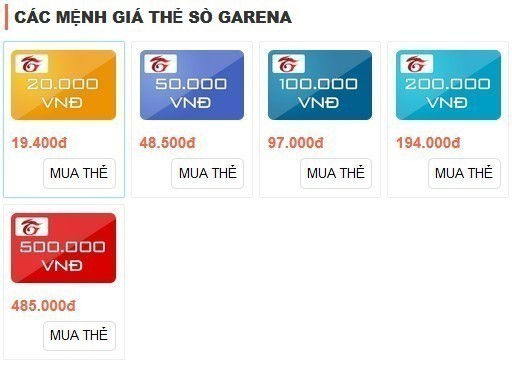 Các mệnh giá thẻ nạp Garena đang được bán ra hiện nay