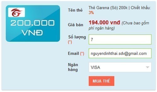 Mua thẻ Garena online qua thẻ thanh toán Visa