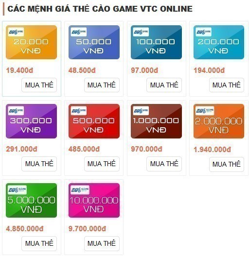 Các mệnh giá thẻ Vcoin online bán tại web vienthong.com.vn