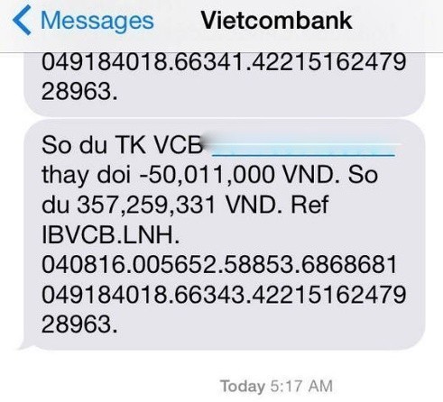 Tin nhắn thông báo số dư tài khoản ngân hàng của VCB