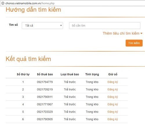 Giao diện website chọn số Vietnamobile online