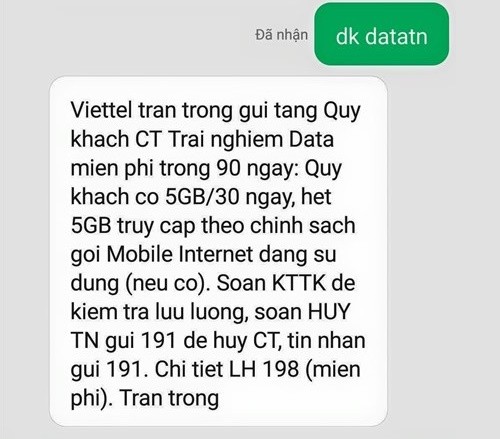 Tin nhắn phản hồi khi đăng ký DATATN Viettel