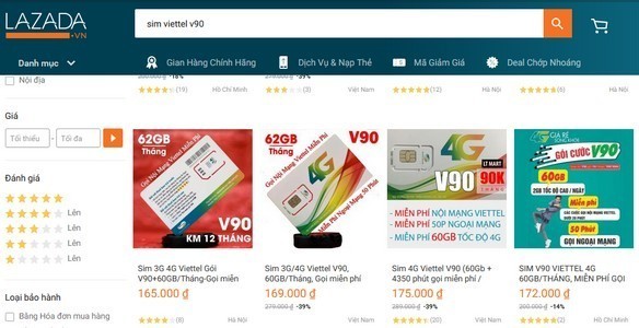Sim Viettel V90 được chào bán phổ biến trên lazada.vn và nhiều web TMĐT khác