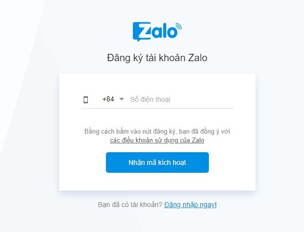 Giao diện đăng ký Zalo web