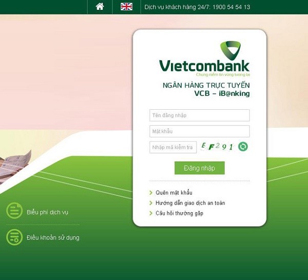 Giao diện đăng nhập dịch vụ iBanking Vietcombank