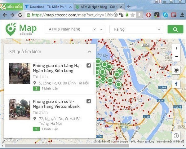 Sử dụng Cốc Cốc Maps để tìm ngân hàng Vietcombank gần nhất