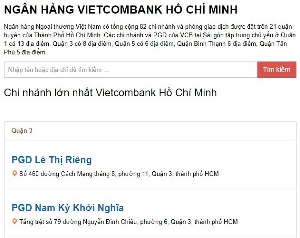 Tìm địa chỉ ngân hàng Vietcombank gần nhất qua website