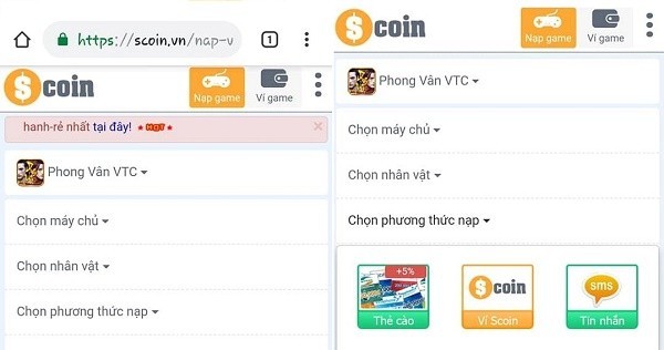 Cách nạp game Phong Vân VTC bằng thẻ Scoin